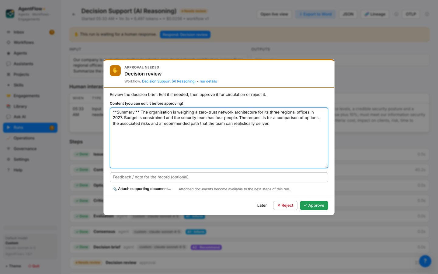 Approval pop-up showing the actual content, editable before approving