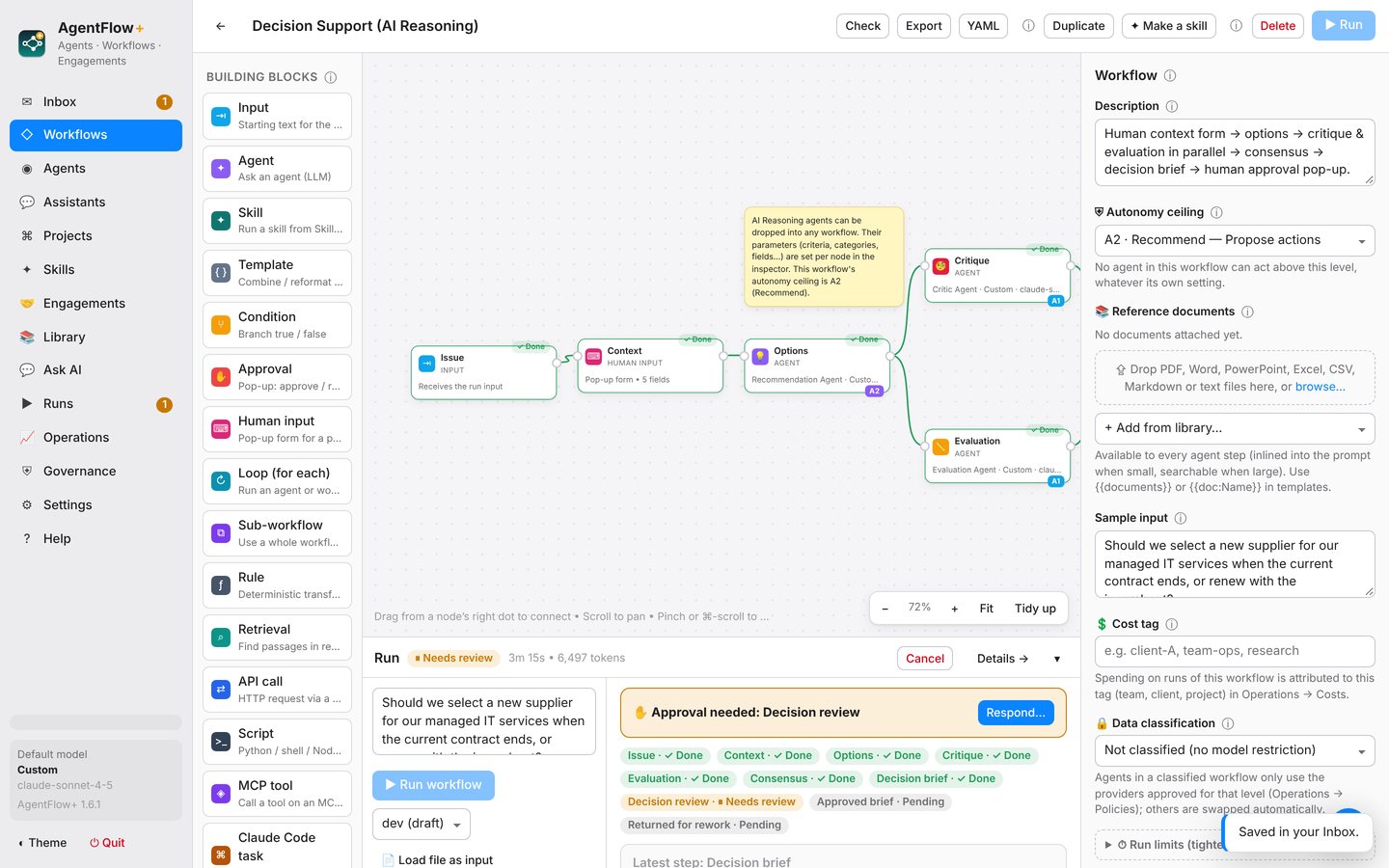 AgentFlow+ — workflow canvas with the autonomy ceiling in the inspector