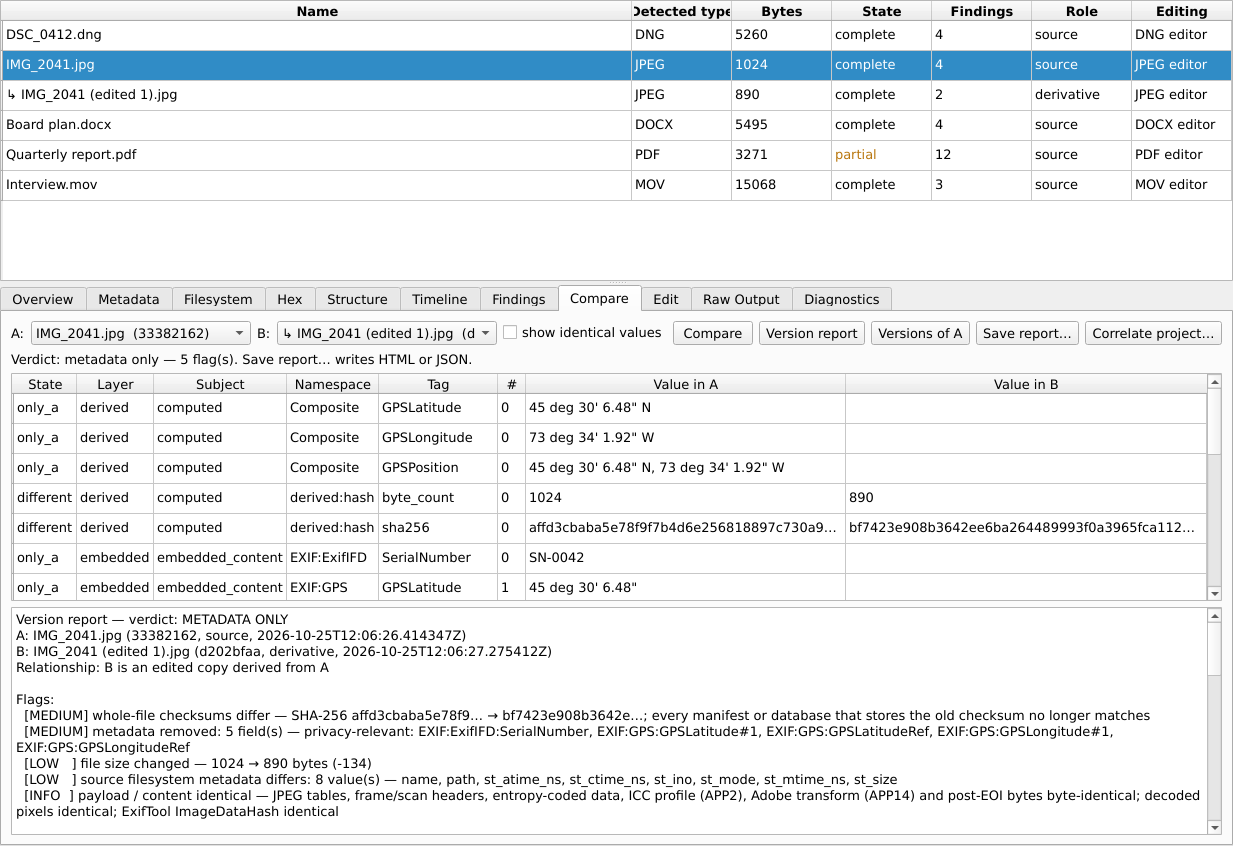 Version report comparing a photo and its edited copy