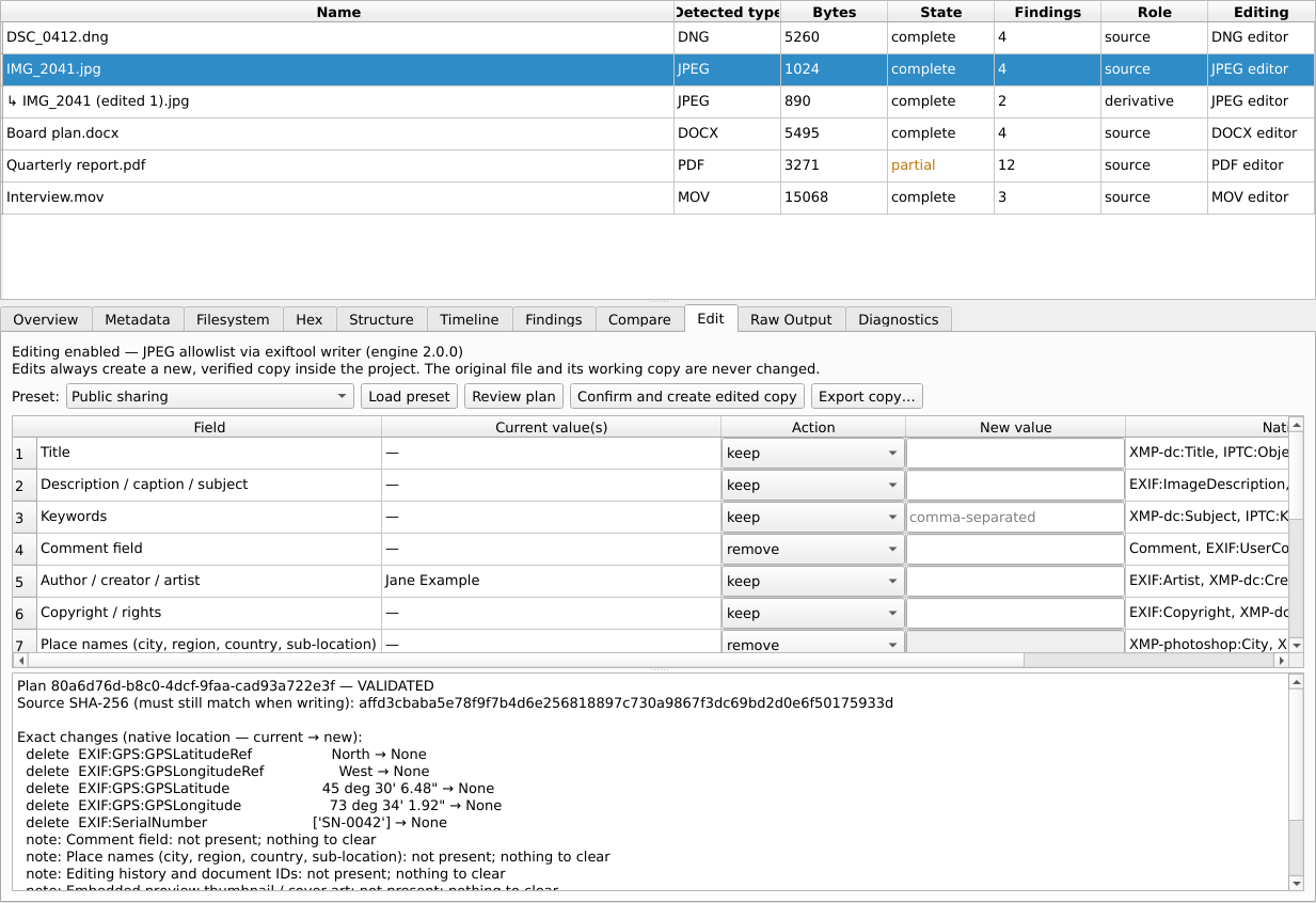 Metadata Workbench: reviewing a privacy clean-up plan for a photo before creating an edited copy