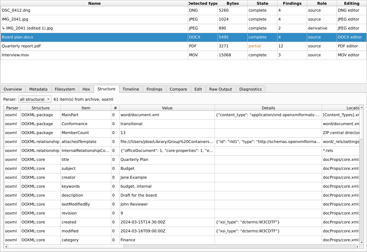 Structure view of a Word document